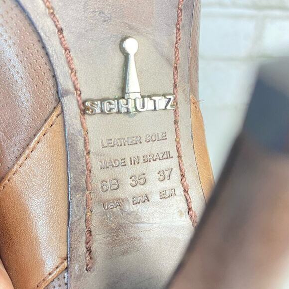 Schutz Heels Leather Shoes Peep Toe Pumps Lace Up Brown 37 6 B - Picture 5 of 10